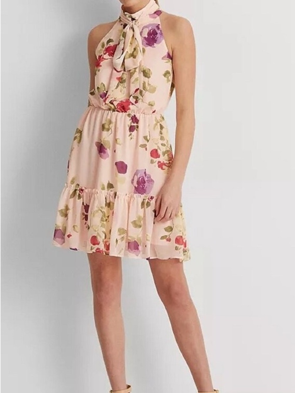 Ralph Lauren Floral Tie-Neck Chiffon Dress